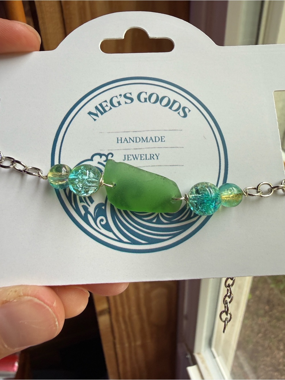 Handmade Green Sea Glass and Glass Bead Bracelet